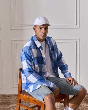 Chimpaaanzee Men Blue & White Oversized Fit Shirt