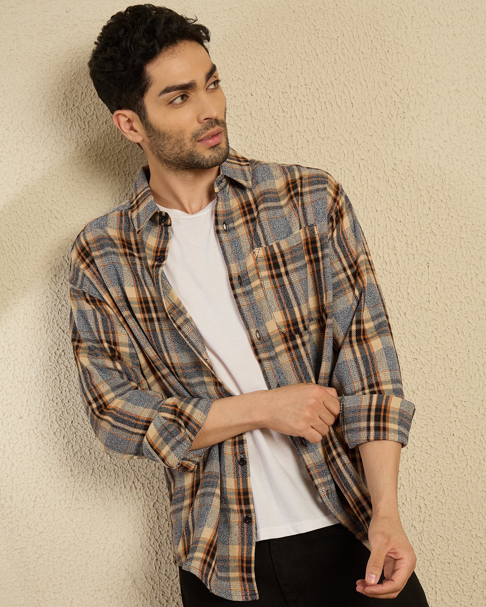Chimpaaanzee Men Grey & Brown Oversized Fit Shirt