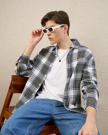 Chimpaaanzee Men Green & White Oversized Fit Shirt - CHIMPAAANZEE