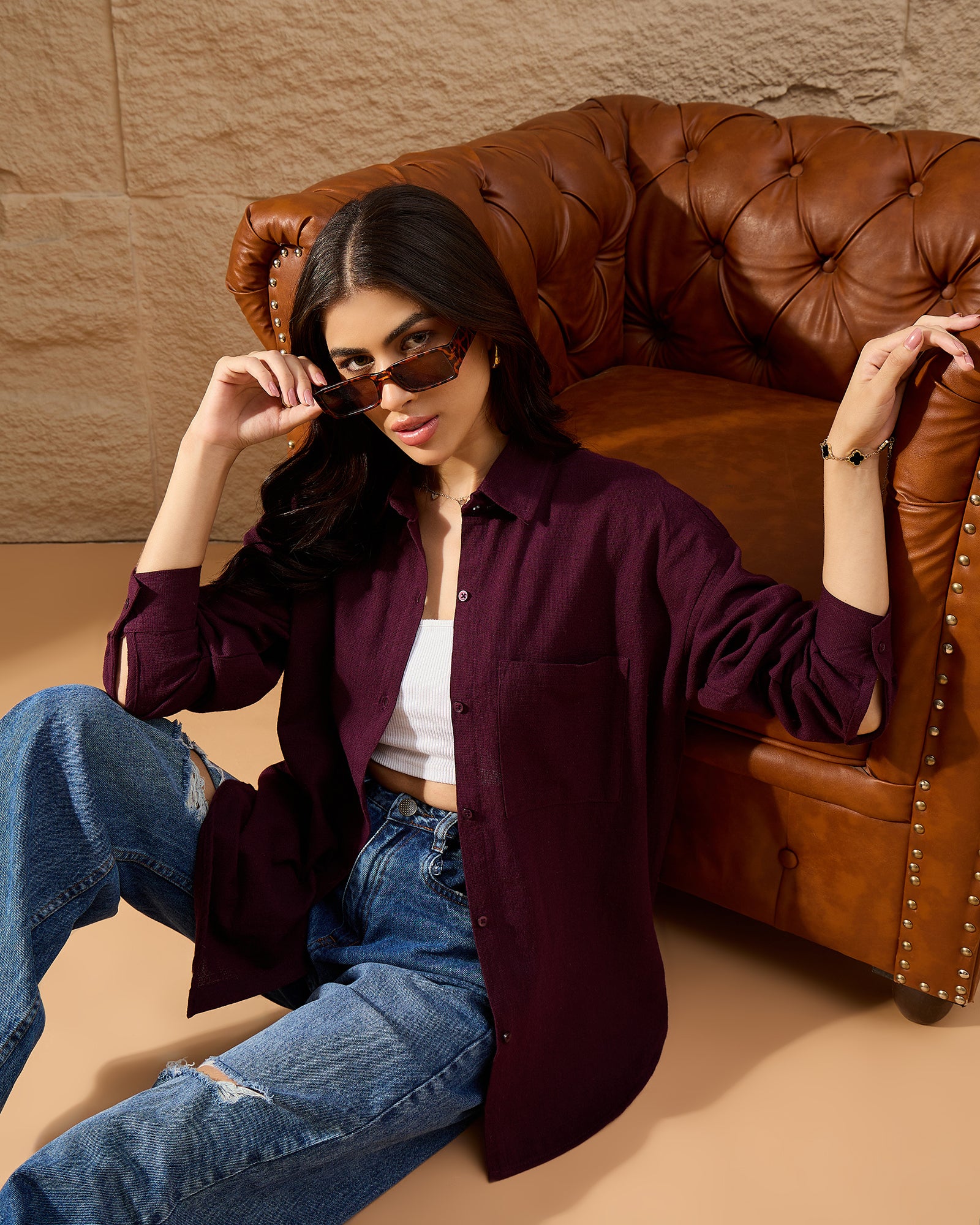Chimpaaanzee Women Burgundy Oversized Shirt