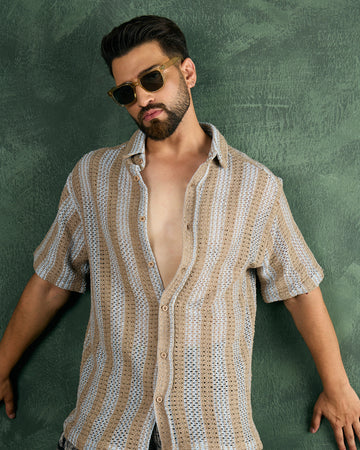 Chimpaaanzee Men Brown & Light Blue Oversized Fit Shirt