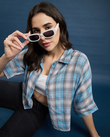 Chimpaaanzee Women Blue & Beige Crop Shirt