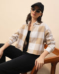 Chimpaaanzee Women Beige & White Oversized Crop Shirt - CHIMPAAANZEE