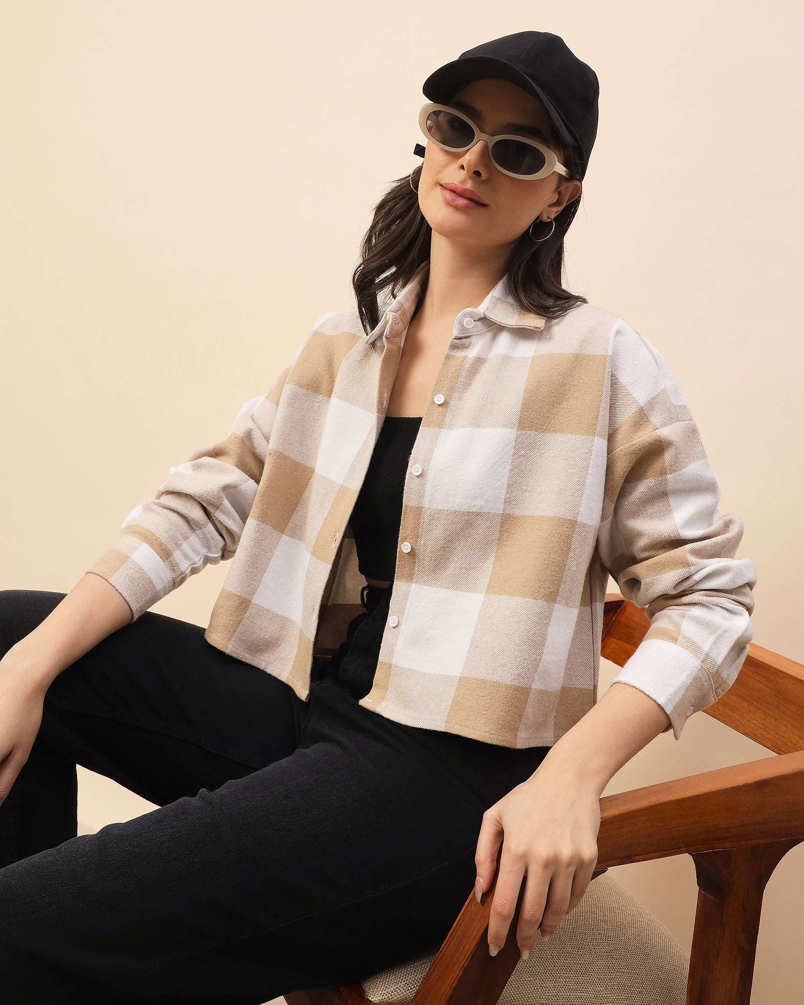 Chimpaaanzee Women Beige & White Oversized Crop Shirt - CHIMPAAANZEE