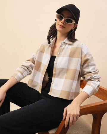 Chimpaaanzee Women Beige & White Oversized Crop Shirt - CHIMPAAANZEE