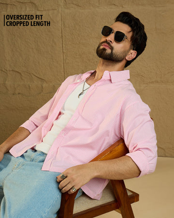 Chimpaaanzee Men Pink & White Oversized Fit Shirt