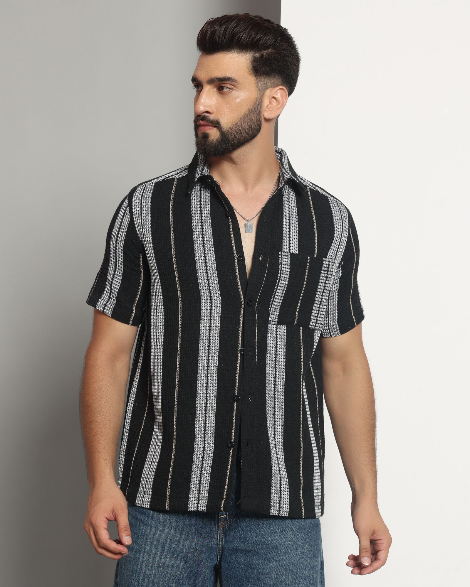 Chimpaaanzee Men Black & White Regular Fit Shirt