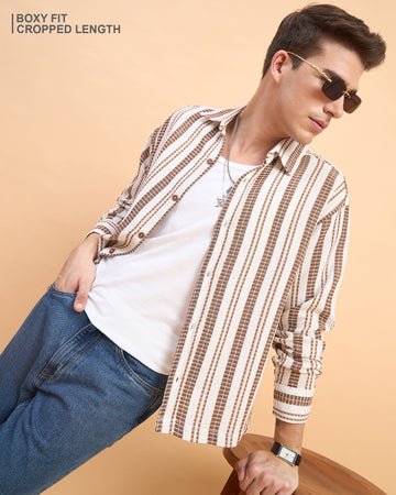 Chimpaaanzee Men White & Brown Boxy Fit Shirt