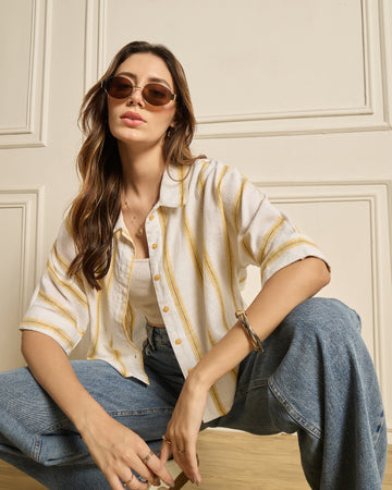 Chimpaaanzee Women White & Yellow Crop Shirt