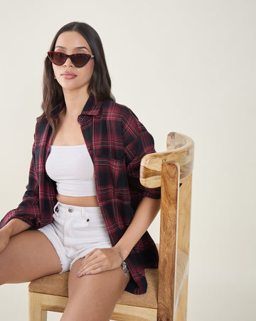 Chimpaaanzee Women Maroon & Black Oversized Shirt