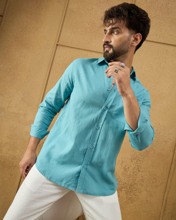 Chimpaaanzee Men Turquoise blue Regular Fit Shirt