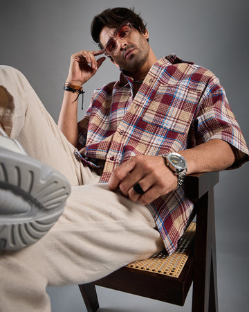 Chimpaaanzee Men Maroon & Beige Oversized Shirt