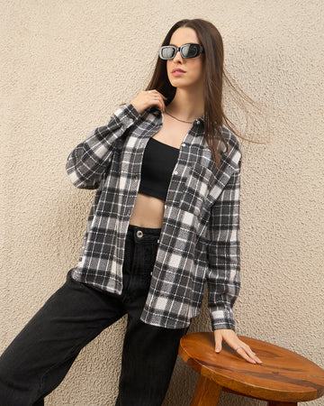 Chimpaaanzee Women Grey & White Oversized Shirt - CHIMPAAANZEE