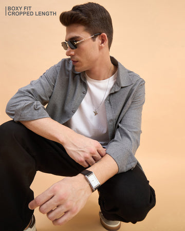 Chimpaaanzee Men Grey Boxy Fit Shirt