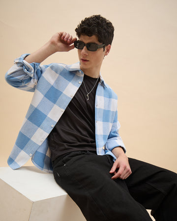 Chimpaaanzee Men Lightblue & White Oversized Fit Shirt