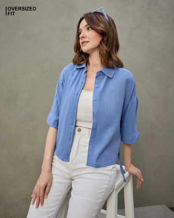 Chimpaaanzee Women Blue Oversized Crop Shirt