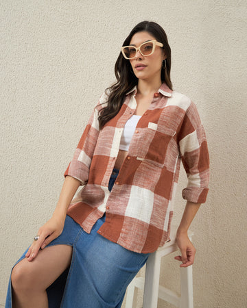 Chimpaaanzee Women Rust Orange & Beige Oversized Shirt