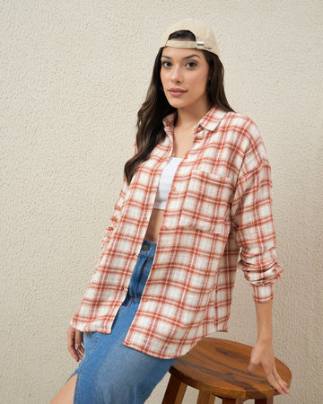 Chimpaaanzee Women Rust Orange & Beige Oversized Shirt