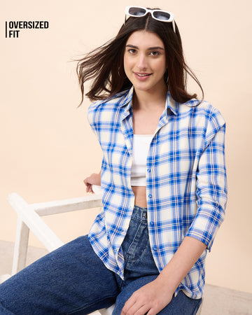 Chimpaaanzee Women Blue & Beige Oversized Shirt