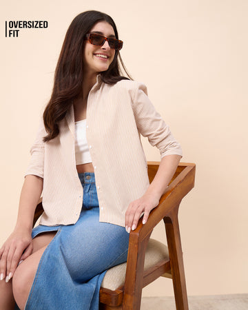 Chimpaaanzee Women Brown & White Oversized Shirt