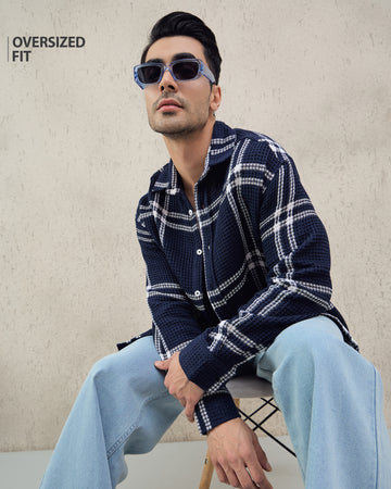 Chimpaaanzee Men Navy Oversized Fit Shirt