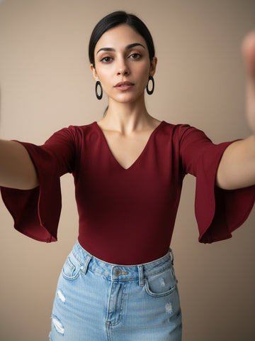 Chimpaaanzee Women V Neck Bell Sleeve Burgundy Top