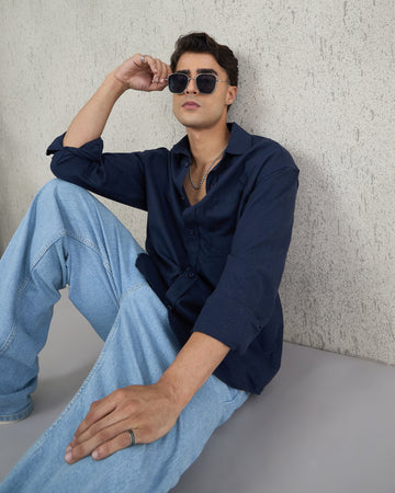 Chimpaaanzee Men Navy Oversized Fit Shirt