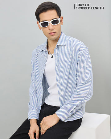 Chimpaaanzee Men Blue & White Boxy Fit Shirt