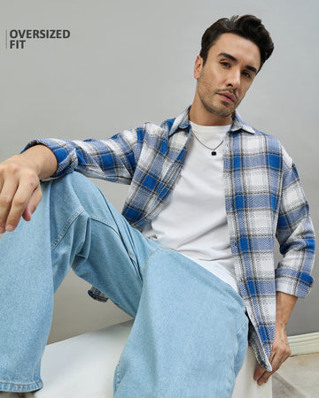 Chimpaaanzee Men Blue & White Oversized Fit Shirt