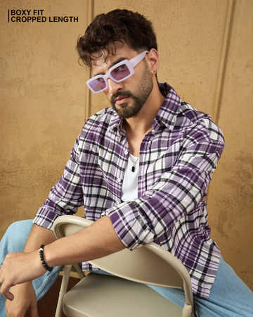 Chimpaaanzee Men Purple & White Boxy Fit Shirt