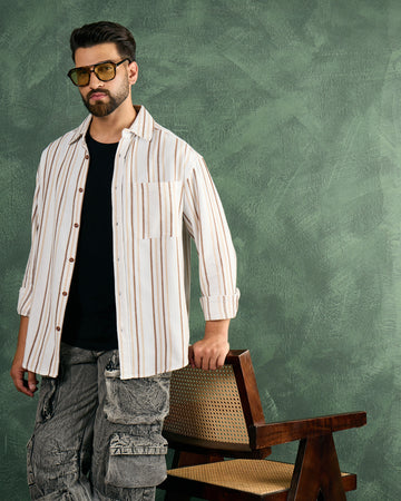 Chimpaaanzee Men White & Brown Oversized Fit Shirt