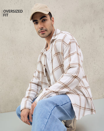 Chimpaaanzee Men White & Brown Oversized Fit Shirt
