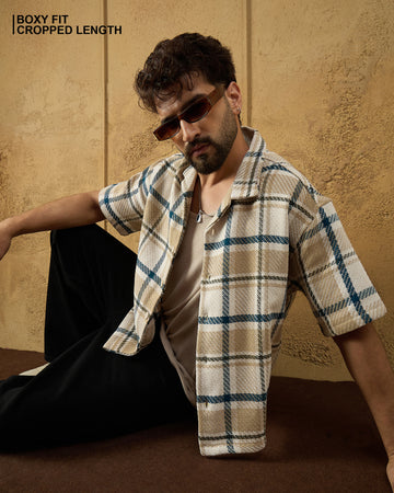 Chimpaaanzee Men Beige & Off White Boxy Fit Shirt