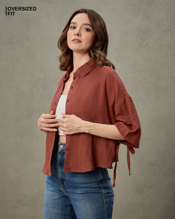 Chimpaaanzee Women Brown Oversized Crop Shirt