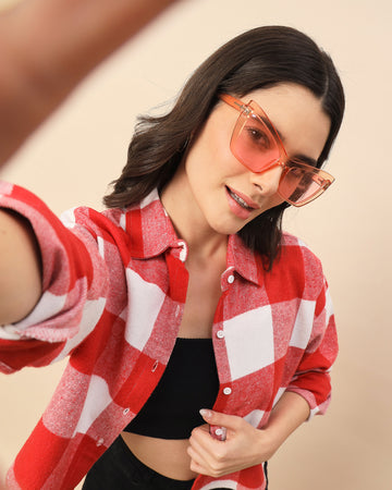 Chimpaaanzee Women Red & White Oversized Crop Shirt - CHIMPAAANZEE