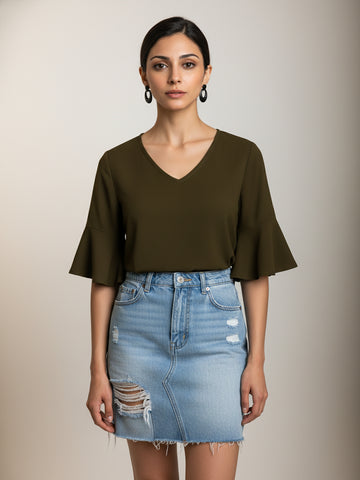 Chimpaaanzee Women V Neck Bell Sleeve Green Top