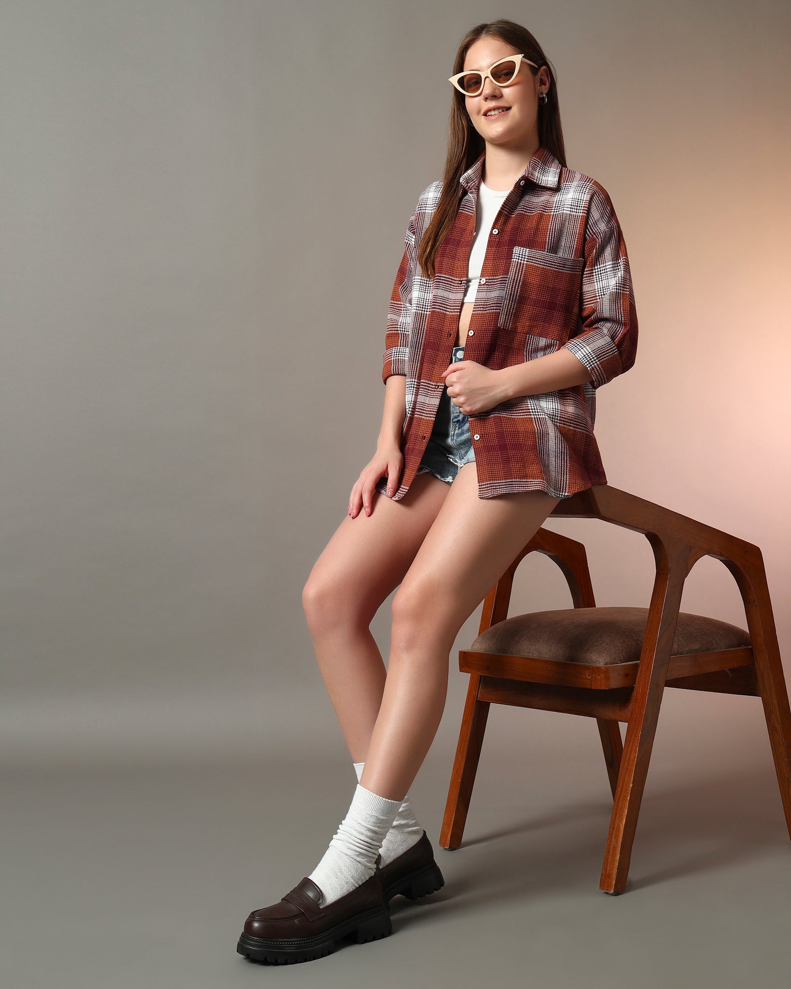 Chimpaaanzee Women Brown & White Oversized Shirt
