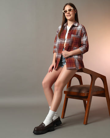 Chimpaaanzee Women Brown & White Oversized Shirt