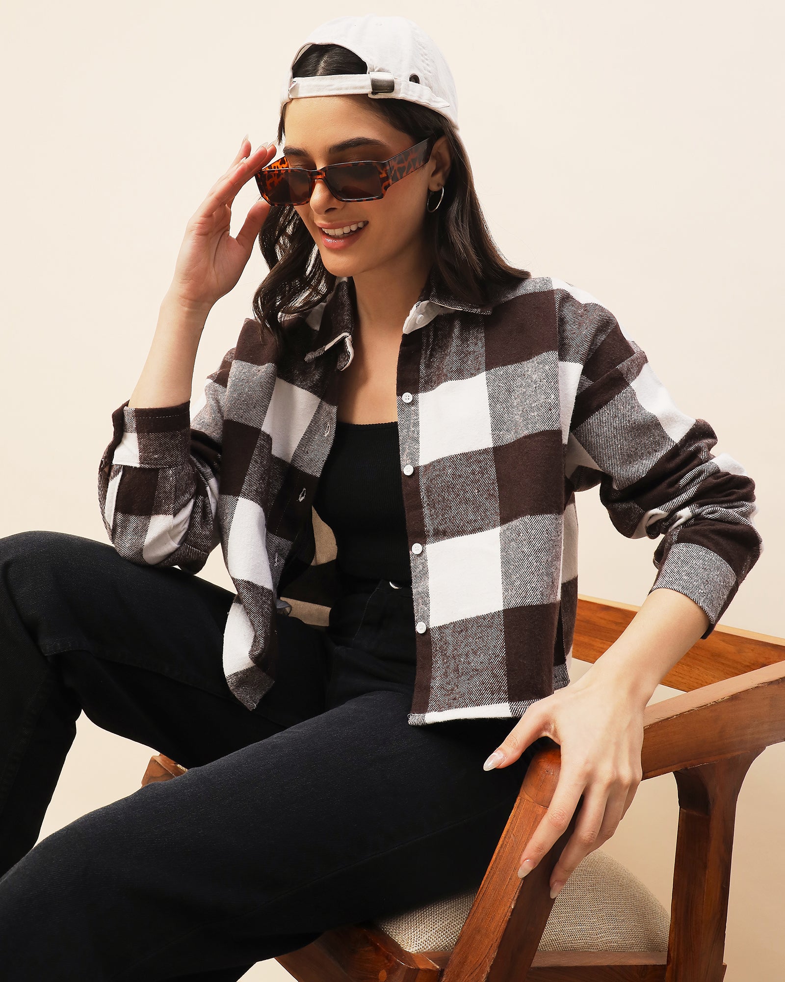 Chimpaaanzee Women Brown & White Oversized Crop Shirt - CHIMPAAANZEE