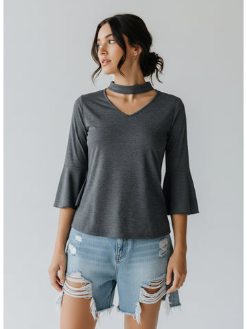 Chimpaaanzee Women Bell Sleeve Dark Grey Top