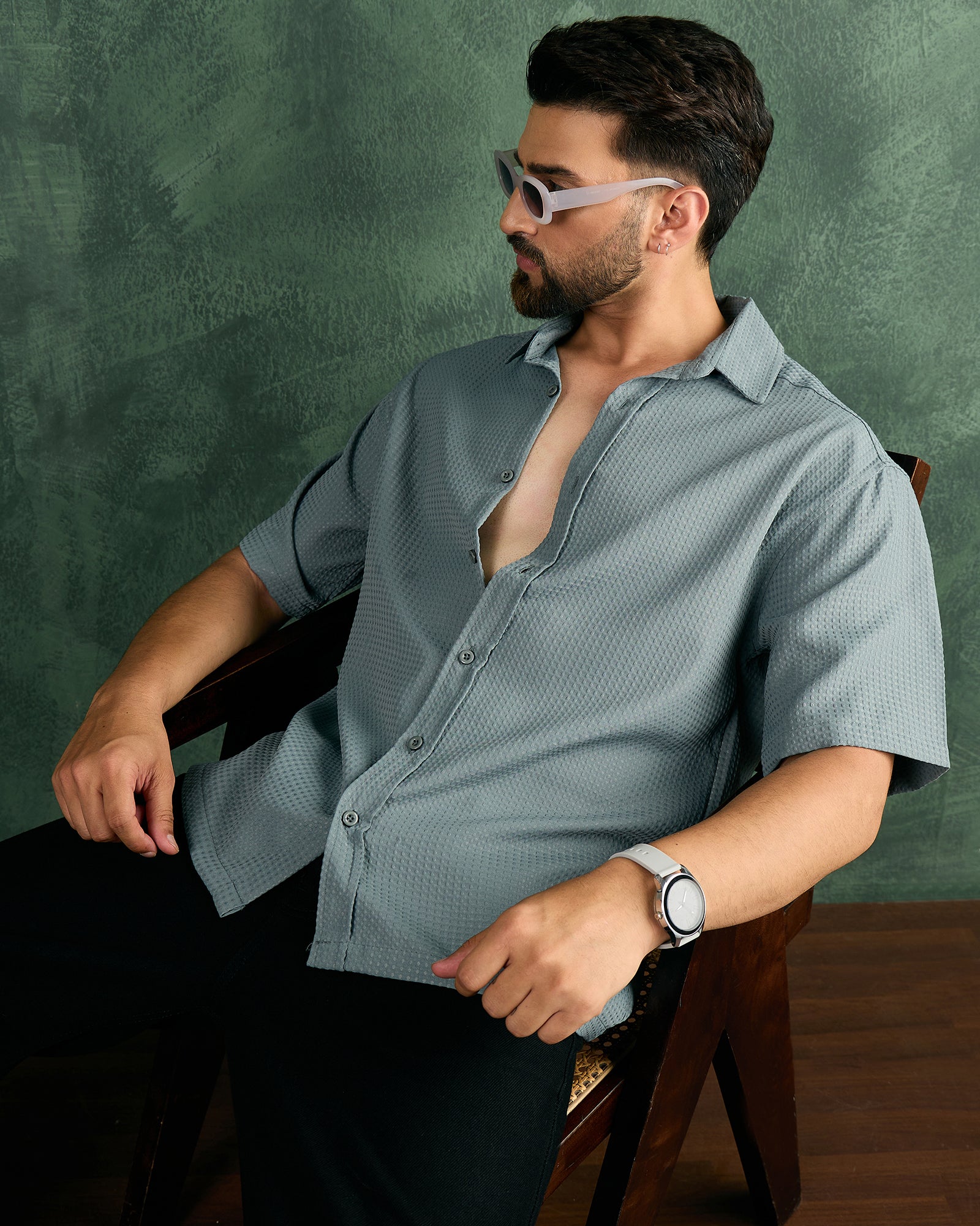 Chimpaaanzee Men Dusty Green Oversized Fit Shirt