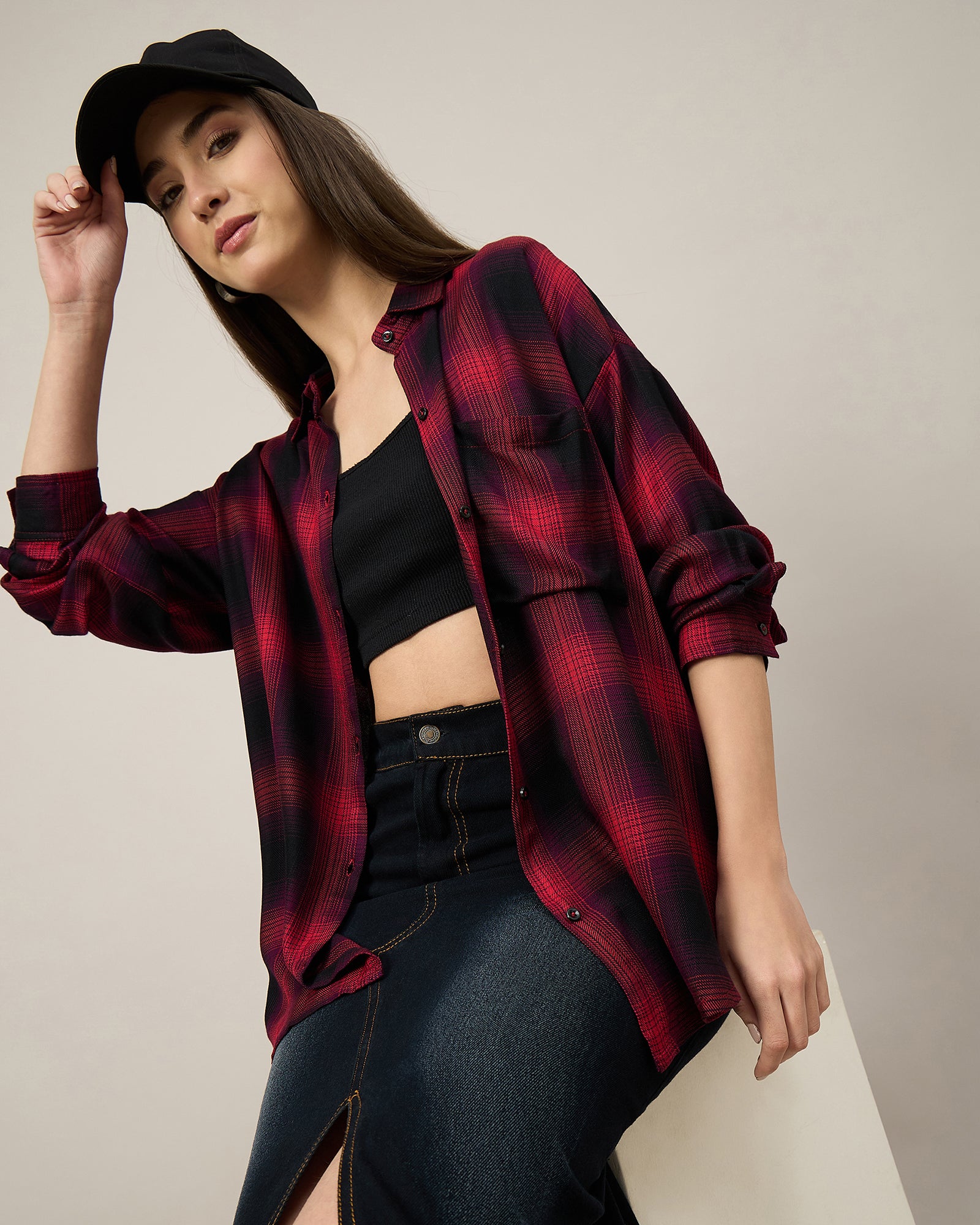 Chimpaaanzee Women Pink & Black Oversized Shirt