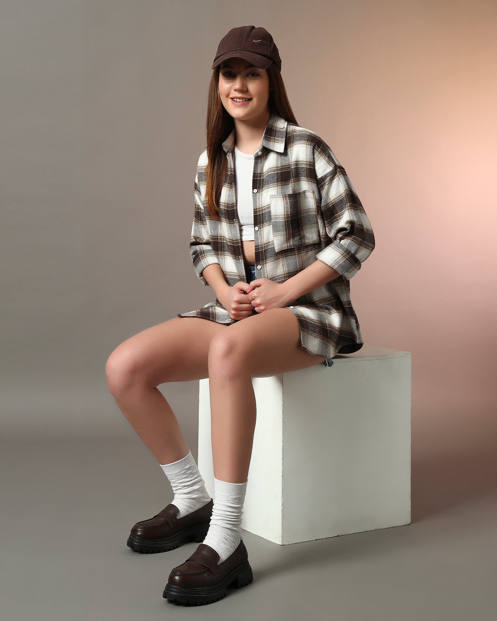 Chimpaaanzee Women Off White & Brown Oversized Shirt