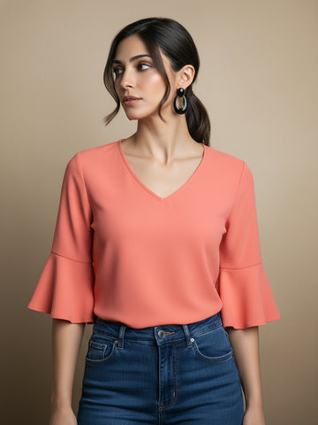 Chimpaaanzee Women V Neck Bell Sleeve Light Pink Top