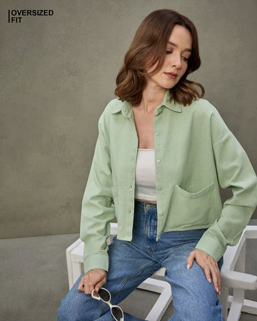 Chimpaaanzee Women Green Oversized Crop Shirt