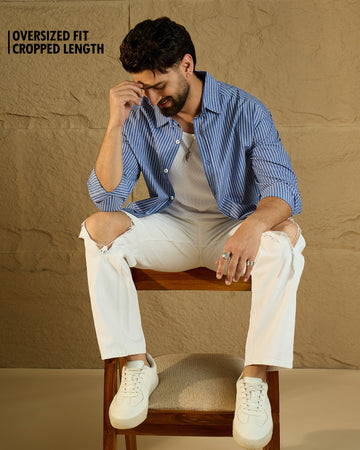 Chimpaaanzee Men Blue & White Oversized Fit Shirt