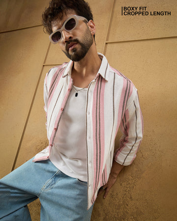 Chimpaaanzee Men White & Pink Boxy Fit Shirt