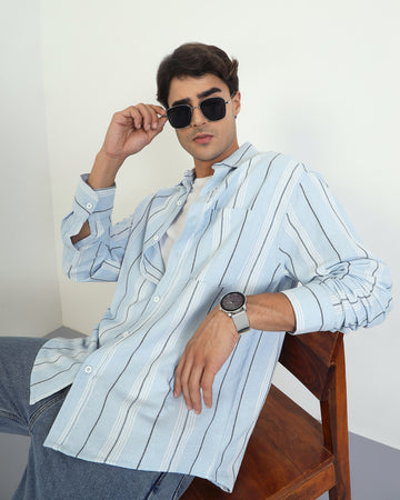Chimpaaanzee Men Light Blue Oversized Fit Shirt
