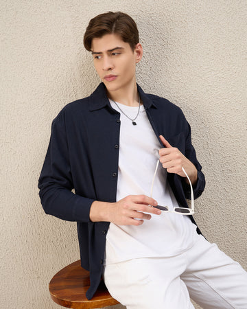 Chimpaaanzee Men Navy Oversized Fit Shirt