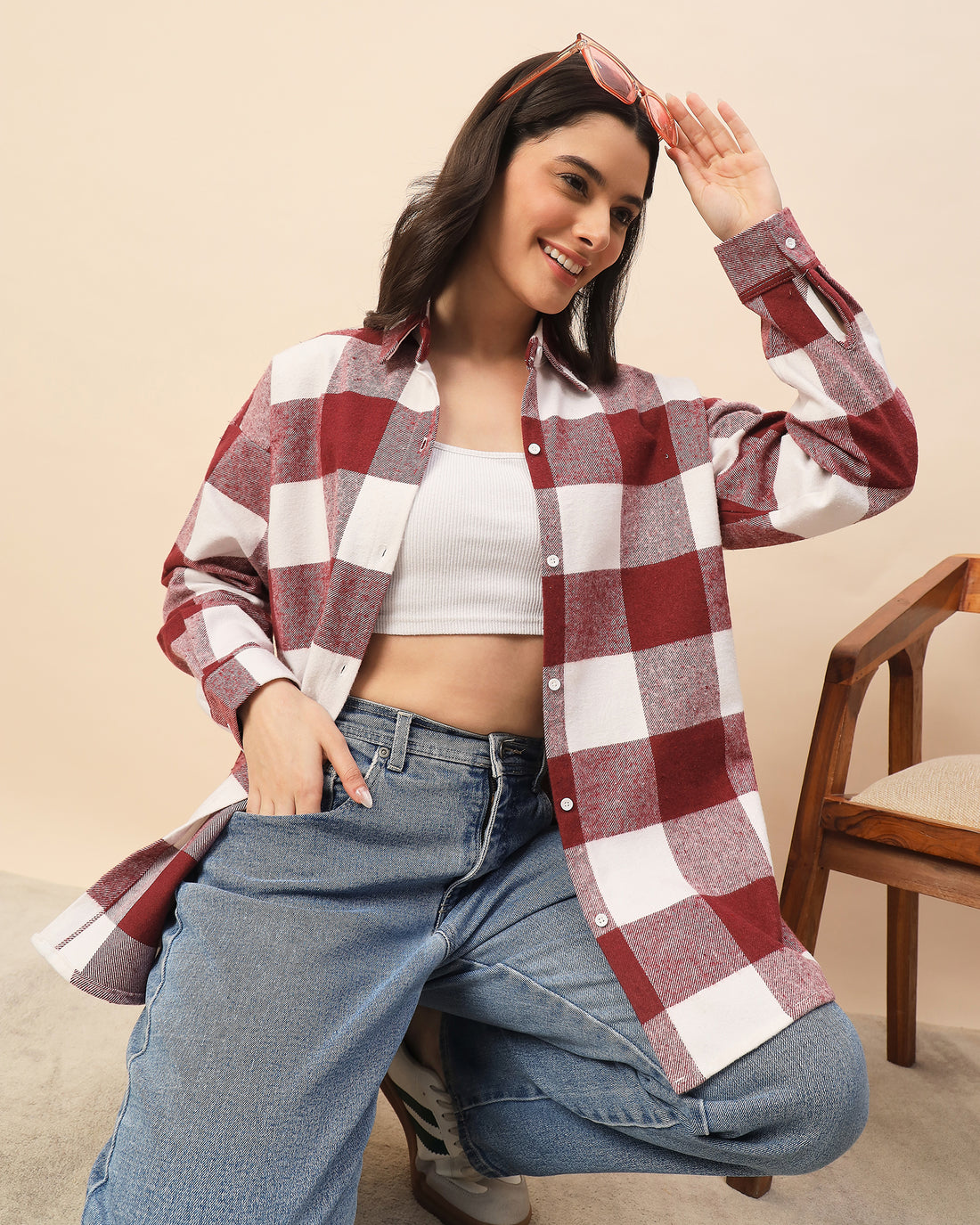 Chimpaaanzee Women Maroon & White Oversized Shirt - CHIMPAAANZEE
